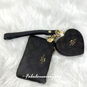 Coach Wristlet And Heart Pouch Signature Canvas Charm Walnut/Black CEO28 NWT